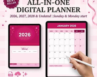 All-In-One Digital Planner 2026-2028, Daily Weekly Monthly, Habit Tracker (PDF Download)