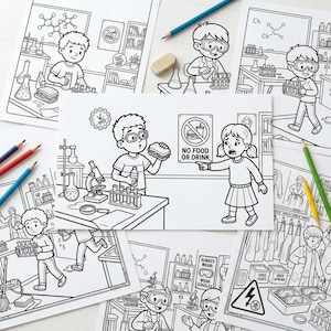 May include: Black and white line art coloring pages featuring children in a science lab setting. The pages depict lab equipment, safety signs, and the text "NO FOOD OR DRINK" and "ALWAYS WEAR GOGGLES". Colored pencils are scattered around the pages.