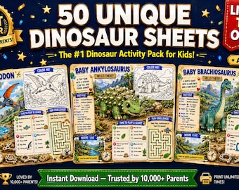 50 Dinosaur Activity Sheets, Coloring Pages, Homeschool Worksheets (PDF Download)