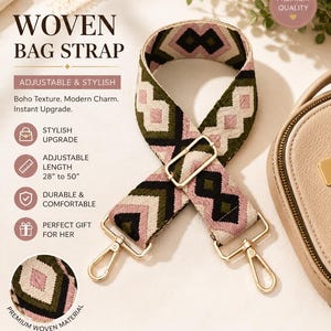 May include: Woven bag strap with a geometric pattern in olive green, pink, and black. The strap is adjustable from 28 to 50 inches and features gold-colored hardware. The text on the image says "Woven Bag Strap" and "Adjustable & Stylish".