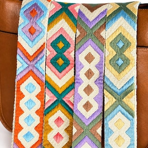 Woven Jacquard Boho Bag Strap, Geometric Pattern Shoulder Crossbody Strap Silver Hardware