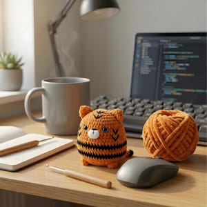 Puede incluir: Una escena de espacio de trabajo acogedor con un tigre de ganchillo, una madeja de hilo naranja y una taza gris. El tigre tiene rayas naranjas y negras. Una computadora portátil, un cuaderno y un ganchillo también están en el escritorio de madera.