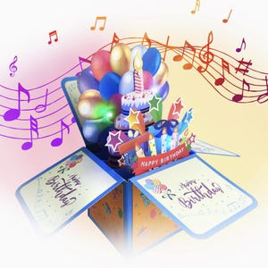May include: A pop-up birthday card with a cake, balloons, and candles. The card is blue and white, with the words "Happy Birthday" on a banner. Musical notes are scattered around the card, and the card has a light-up feature.