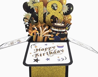 Cartão Caixa Pop-Up de Aniversário de 18 Anos, Cartão de Feliz Aniversário Preto e Dourado, Cartão de Aniversário Marcante com Glitter 3D, Presente de Luxo para o 18º Aniversário