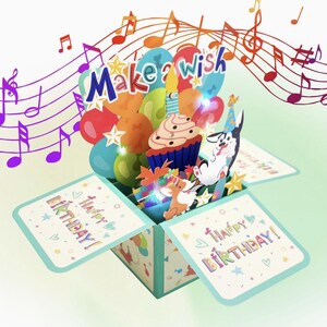 以下が含まれることがあります： お祝いのデザインのポップアップ誕生日カード。カップケーキ、風船、パーティーハットをかぶった犬が特徴です。「Make a Wish」と「Happy Birthday！」の文字が見えます。背景には音符があります。
