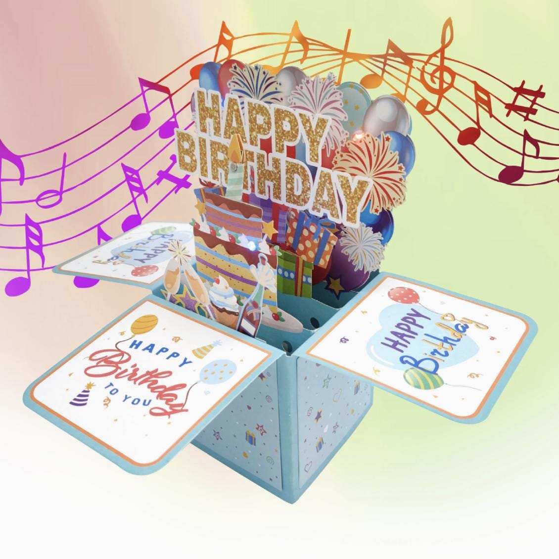 Blue Musical Light up 3D Birthday Pop up Box Card, Blow Candle Happy ...