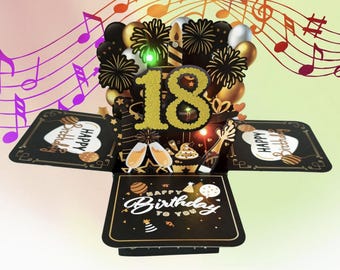 Cartão de aniversário pop-up 3D musical com luzes pretas e douradas, com vela para soprar e números da idade. Presente de aniversário interativo.