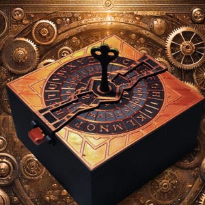 Può includere: Una scatola puzzle in stile steampunk con una chiave e un quadrante rotante con lettere e simboli. La scatola è nera con accenti dorati e ramati, su uno sfondo di ingranaggi e componenti meccanici.