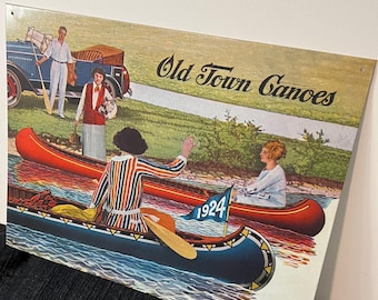 Letrero de hojalata Old Town Canoe 1924 / Reproducción vintage / Decoración para cabañas de lago / Arte de canoas / Maine / Regalo para amantes del remo