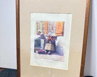 Grabado antiguo de Mortimer Menpes de 1912 "En el muelle de Pont-Aven", Bretaña, Francia / Ex libris eduardiano enmarcado / Arte figurativo de mujeres bretonas