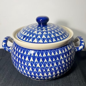 Vintage Boleslawiec Polish Pottery Lidded Casserole Bean Pot | Blue Triangle Pattern Ceramika Artystyczna | Handmade in Poland Tureen