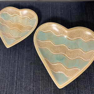 Kenyan Soapstone Heart Dish Set | Hand Carved | Teal & Tan Wave Pattern | Swahili Modern | Fair Trade | Boho Home Decor | Trinket Dish