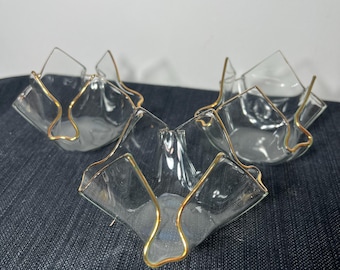 Set of 3 Handkerchief Clear Glass Tealight Holders Gold Rim Sculptural Boho Candle Votive Organic Shape