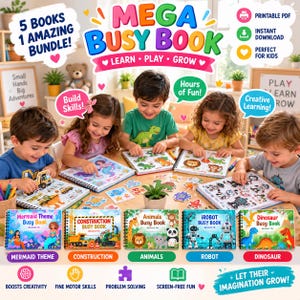 May include: A Mega Busy Book bundle featuring five spiral-bound activity books with themes including mermaid, construction, animals, robot, and dinosaur. The set includes colorful illustrations, interactive cut-out pieces, and educational activities.