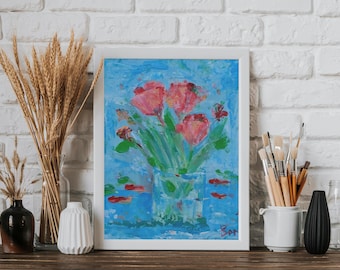 Pintura al óleo floral original de 8x10 pulgadas sobre lienzo con técnica impasto "Ramo carmesí"