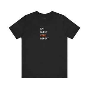 May include: Black t-shirt with the words "EAT SLEEP CODE REPEAT" printed in white and orange. The shirt is a short-sleeved crew neck style.