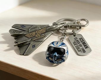 Top Gun 40th Anniversary Keychain, F-14 Tomcat Pilot Helmet Charm, Maverick/Iceman/Goose Military Dog Tag, Movie Collectible Gift for Men