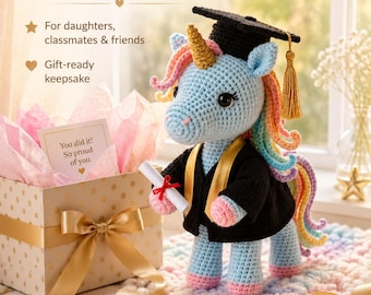 Crochet Graduation Unicorn, Handmade Unicorn Plush Graduation Gift, Cute Amigurumi Graduate Doll, Magical Class of 2026 Keepsake