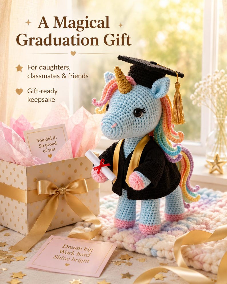 May include: A crocheted unicorn wearing a graduation cap and gown, holding a diploma. The unicorn has a blue body, rainbow mane, and a golden horn. The image includes text that reads "A Magical Graduation Gift". A gift box with a bow and a card that says "Dream big Work hard Shine bright" are also present.