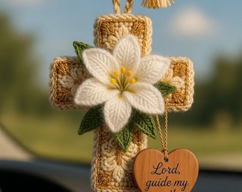Jesus Take The Wheel Car Charm, Christian Car Hanging Cross, Crochet Cross Ornament, Faith Gift for Her, Religious Rearview Mirror Decor