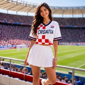 May include: A white cropped V-neck jersey featuring a red and white checkered pattern on the front, the word CROATIA in blue letters, and a small Croatian flag emblem. The jersey is paired with a plain white pleated mini skirt.