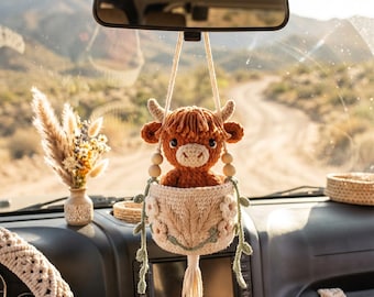 Crochet Highland Cow Car Charm, Cute Cow Rearview Mirror Hanging, Boho Car Accessory, Handmade Floral Cow Gift