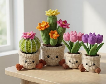 Crochet Cactus & Tulip Pot, Cute Amigurumi Plant Decor, Handmade Plush Plant, Kawaii Desk Decor, Gift for Her, Small Crochet Plant
