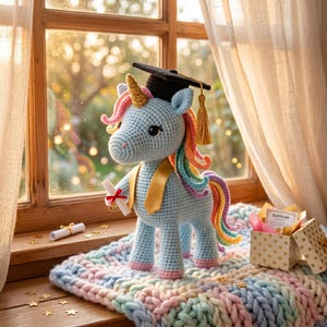 May include: A crocheted blue unicorn wearing a graduation cap and holding a diploma. The unicorn has a golden horn, rainbow mane and tail, and a gold sash. It stands on a colorful knitted blanket near a window with a gift box.