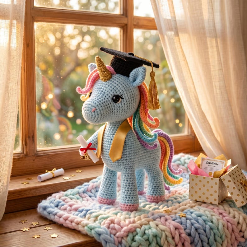 May include: A crocheted blue unicorn wearing a graduation cap and holding a diploma. The unicorn has a golden horn, rainbow mane and tail, and a gold sash. It stands on a colorful knitted blanket near a window with a gift box.