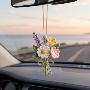 Colgante de ganchillo con forma de flor para coche, colgante para espejo retrovisor hecho a mano con margaritas y lavanda, accesorio floral bohemio para coche, bonito regalo de decoración para coche