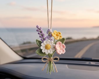 Crochet Flower Car Charm, Handmade Daisy & Lavender Rear View Mirror Hanging, Boho Floral Car Accessory, Cute Car Decor Gift