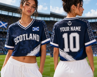 Camiseta corta de fútbol de Escocia, camiseta de fútbol personalizada para mujer, conjunto personalizado de nombre y número para aficionados al Mundial.