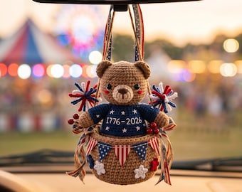 America 250 Crochet Bear Car Charm, Patriotic Rearview Mirror Hanging, 1776-2026 USA Car Accessory