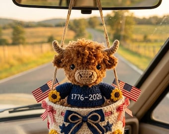 America 250 Anniversary Car Charm, Crochet Highland Cow Mirror Hanging, 1776 2026 USA Decor Gift