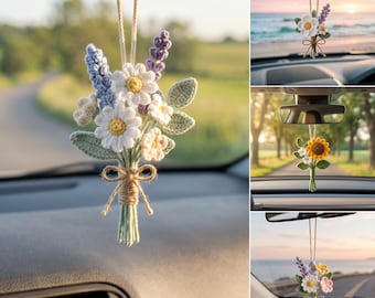 Crochet Car Mirror Hanging Flower Bouquet, Handmade Daisy Car Charm, Boho Rearview Mirror Decor