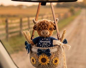 America 250 Celebration Decor, Crochet Highland Cow Car Accessory, 1776 2026 Patriotic Ornament