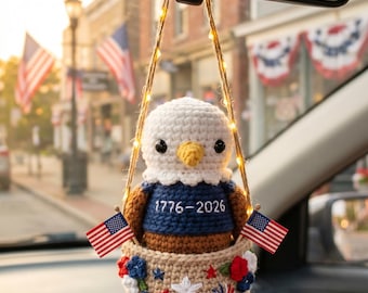 Crochet Bald Eagle Ornament, 4th of July Car Charm, America 250 Handmade Rearview Mirror Hanging