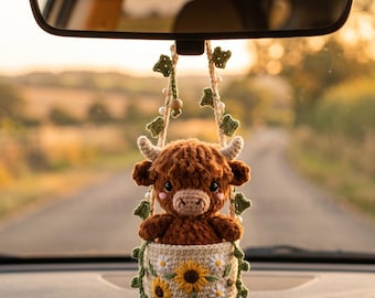 Crochet Cow Car Hanging, Highland Cow Rearview Mirror Charm, Handmade Boho Car Decor, Sunflower Amigurumi Ornament, Cute Gift