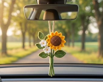 Boho Crochet Flower Car Decor, Handmade Mirror Hanging Bouquet, Cute Gift for Her