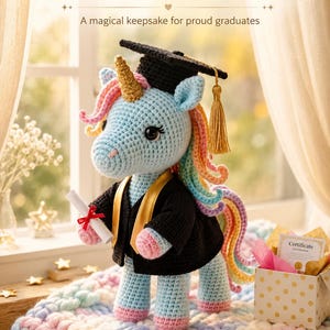 May include: Handmade crochet unicorn wearing a graduation cap and gown. The light blue unicorn has a gold horn, rainbow mane, and holds a diploma. The text reads "Handmade Graduation Unicorn" and "A magical keepsake for proud graduates."