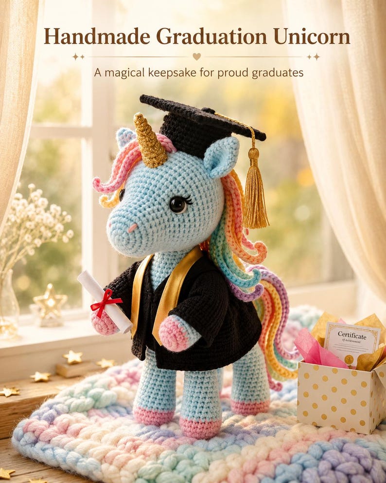 May include: Handmade crochet unicorn wearing a graduation cap and gown. The light blue unicorn has a gold horn, rainbow mane, and holds a diploma. The text reads "Handmade Graduation Unicorn" and "A magical keepsake for proud graduates."