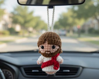 Crochet Jesus Car Charm, Christian Gift, Jesus Doll Ornament, Rearview Mirror Hanging, Faith Gift, Religious Car Decor, Cute Jesus Plush