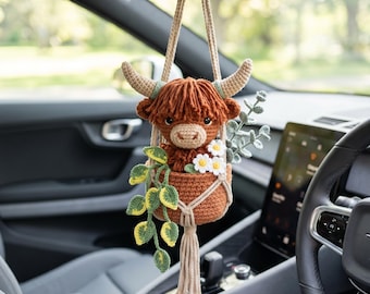 Handmade Crochet Cow Car Accessory, Highland Cow Hanging Plush, Aesthetic Rearview Mirror Charm Gift