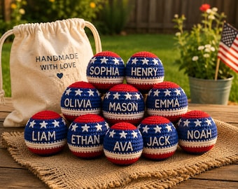 Personalized Patriotic Crochet Hacky Sack Ball, Custom Name USA Flag Ball, Handmade Red White Blue Sensory Toy Gift
