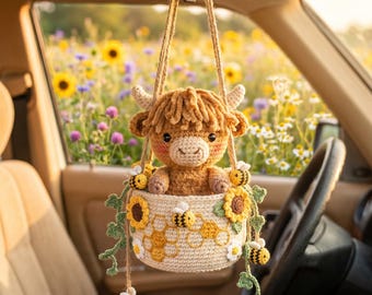 Crochet Highland Cow Car Charm, Hanging Cow Rearview Mirror Decor, Boho Cow Car Accessory, Cute Crochet Car Hanging Gift