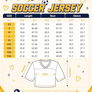 Puede incluir: Una tabla de tallas para un crop top soccer jersey con medidas en pulgadas y cent&iacute;metros para las tallas XS a 5XL. El gr&aacute;fico incluye un dibujo lineal de una camiseta con las dimensiones etiquetadas para la manga, el busto y el largo.