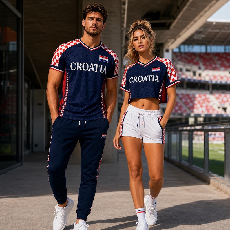 Puede incluir: Una camiseta azul marino con cuello en V y la palabra CROATIA en blanco, con mangas de cuadros rojos y blancos y un peque&ntilde;o emblema de la bandera croata. Se combina con pantalones de ch&aacute;ndal azul marino o shorts deportivos blancos con rayas.