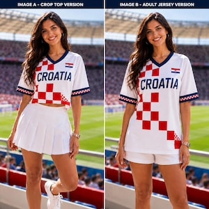 May include: Two white Croatia jerseys featuring a red checkerboard pattern, a V-neck collar, and the text CROATIA. Image A shows a cropped jersey with a white pleated skirt, while Image B shows a standard length jersey with white shorts.