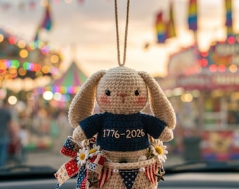 America 250 Crochet Bunny Car Charm, 1776 2026 Rearview Mirror Hanging Decor, Patriotic Rabbit Plush Ornament