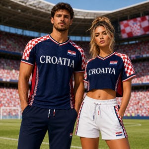 Puede incluir: Una camiseta azul oscuro con cuello en V y la palabra CROATIA impresa en blanco, con mangas de cuadros rojos y blancos y un peque&ntilde;o emblema de la bandera croata. La camiseta se combina con pantalones azul oscuro o shorts blancos con paneles.